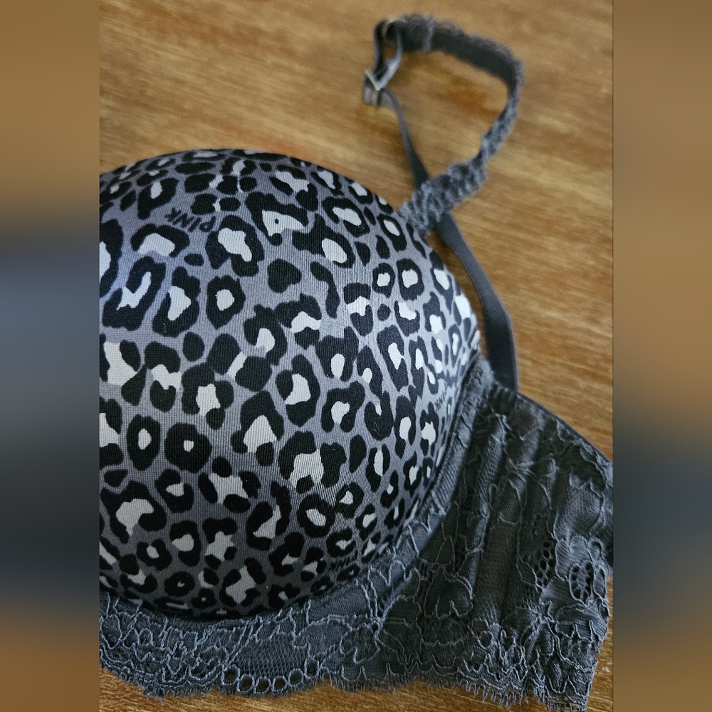 NWT PINK Victoria's Secret Black and Gray Leopard Bra Lace Trim Push Up Bra 34C - Picture 2 of 4